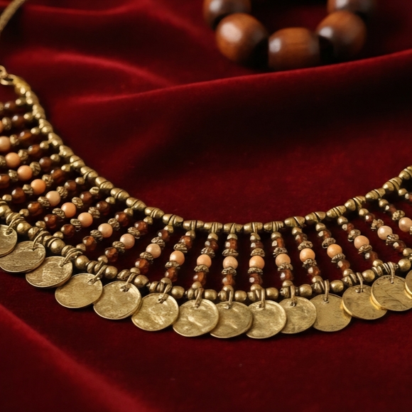 ๐๏ธ Boho Tribal Bib Necklace | Artisan Handmade Glass Beads & Coin Trendy Charms - Picture 5 of 12